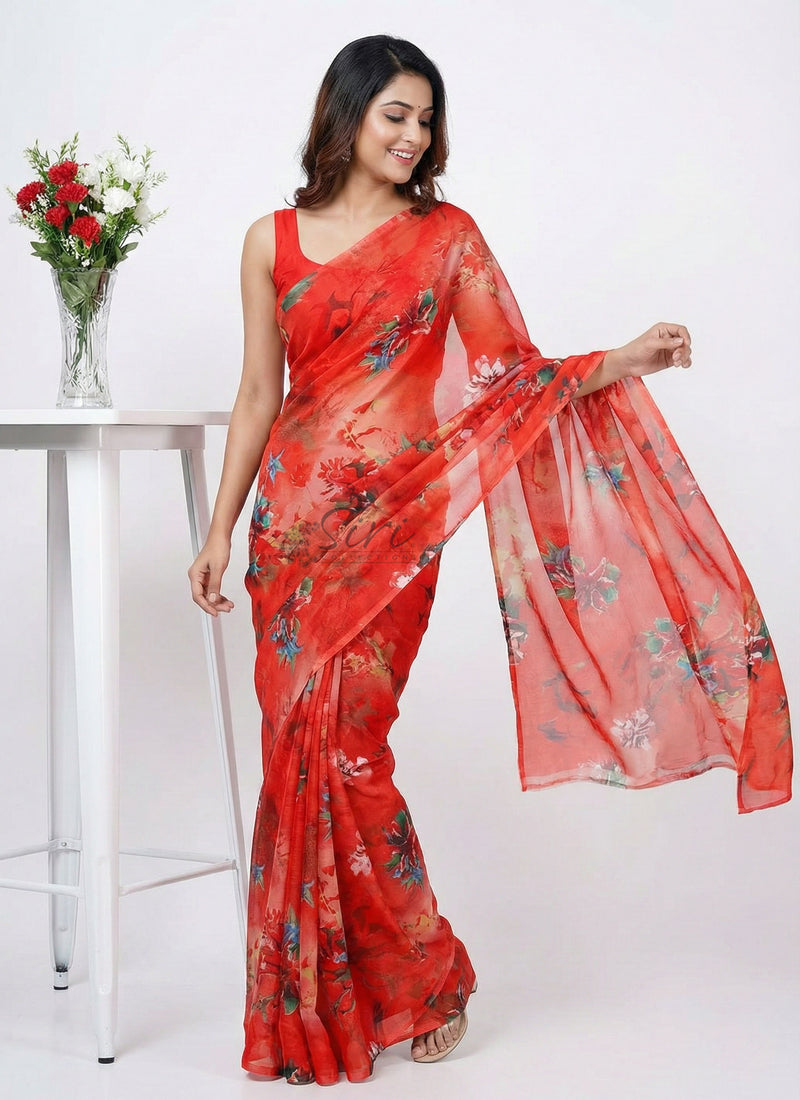 Authentic Garden Vareli Printed Nara Chiffon Saree