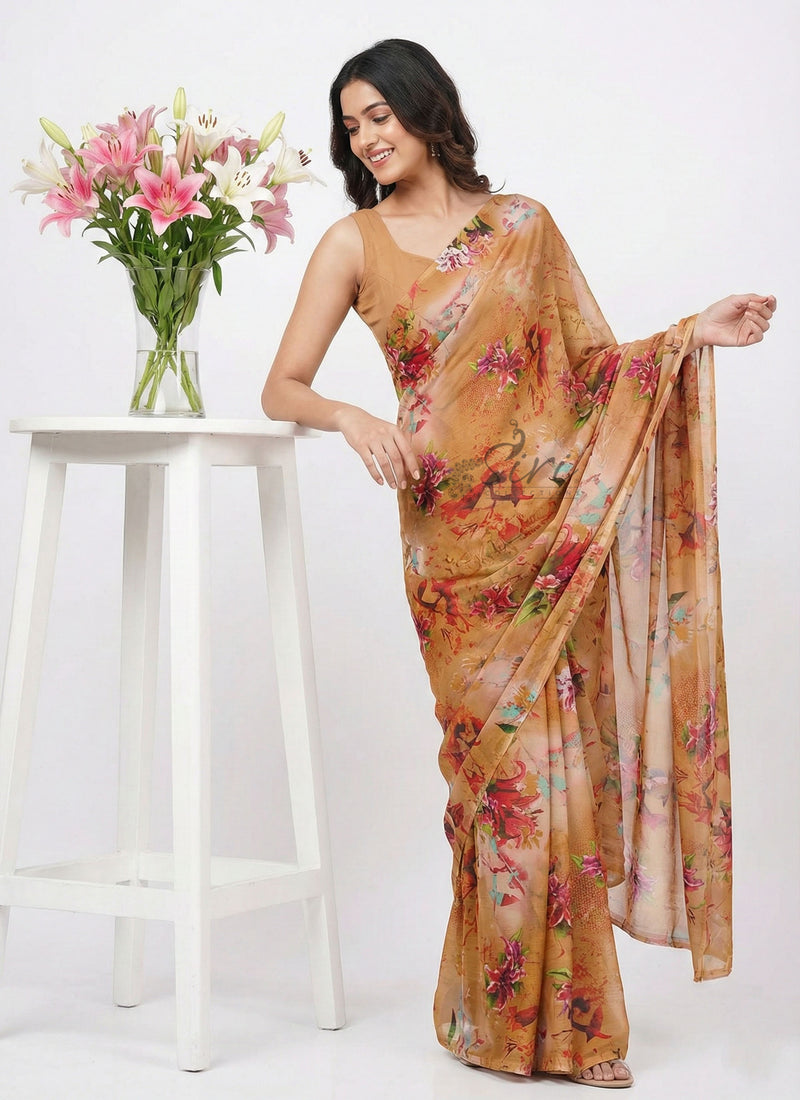 Authentic Garden Vareli Printed Nara Chiffon Saree