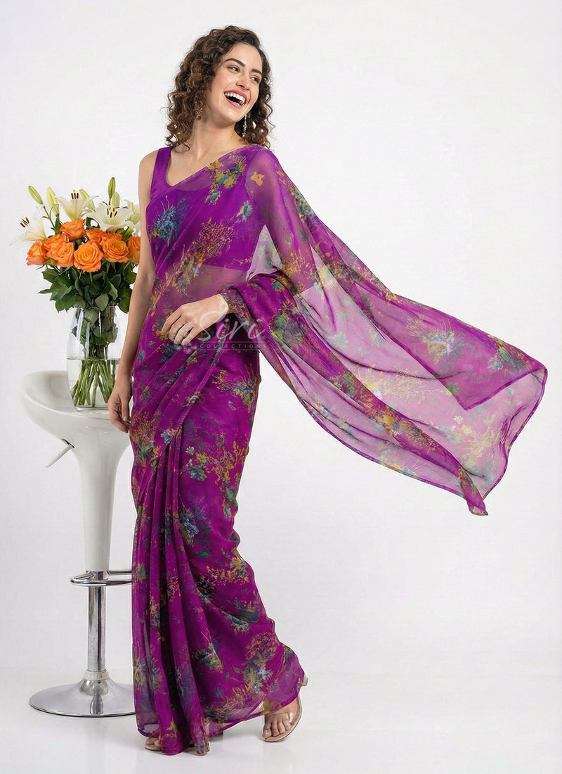 Authentic Garden Vareli Printed Nara Chiffon Saree