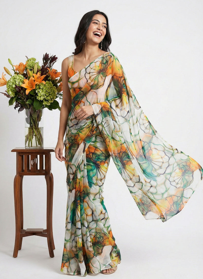 High Quality Garden Vareli Printed Nara Chiffon Saree