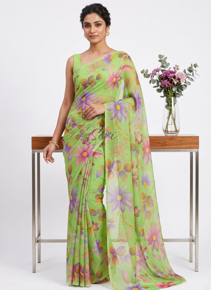 Latest Beautiful Garden Vareli Nara Chiffon Saree