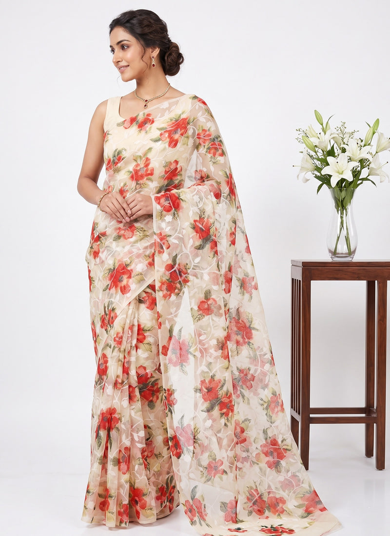 Beautiful Garden Vareli Printed Summer Roganza Saree