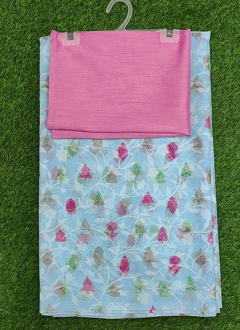 Beautiful Garden Vareli Printed Summer Roganza Saree with Blouse