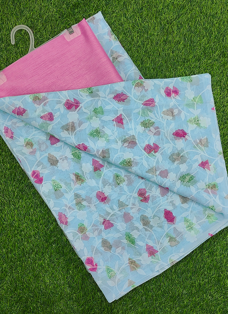 Beautiful Garden Vareli Printed Summer Roganza Saree with Blouse