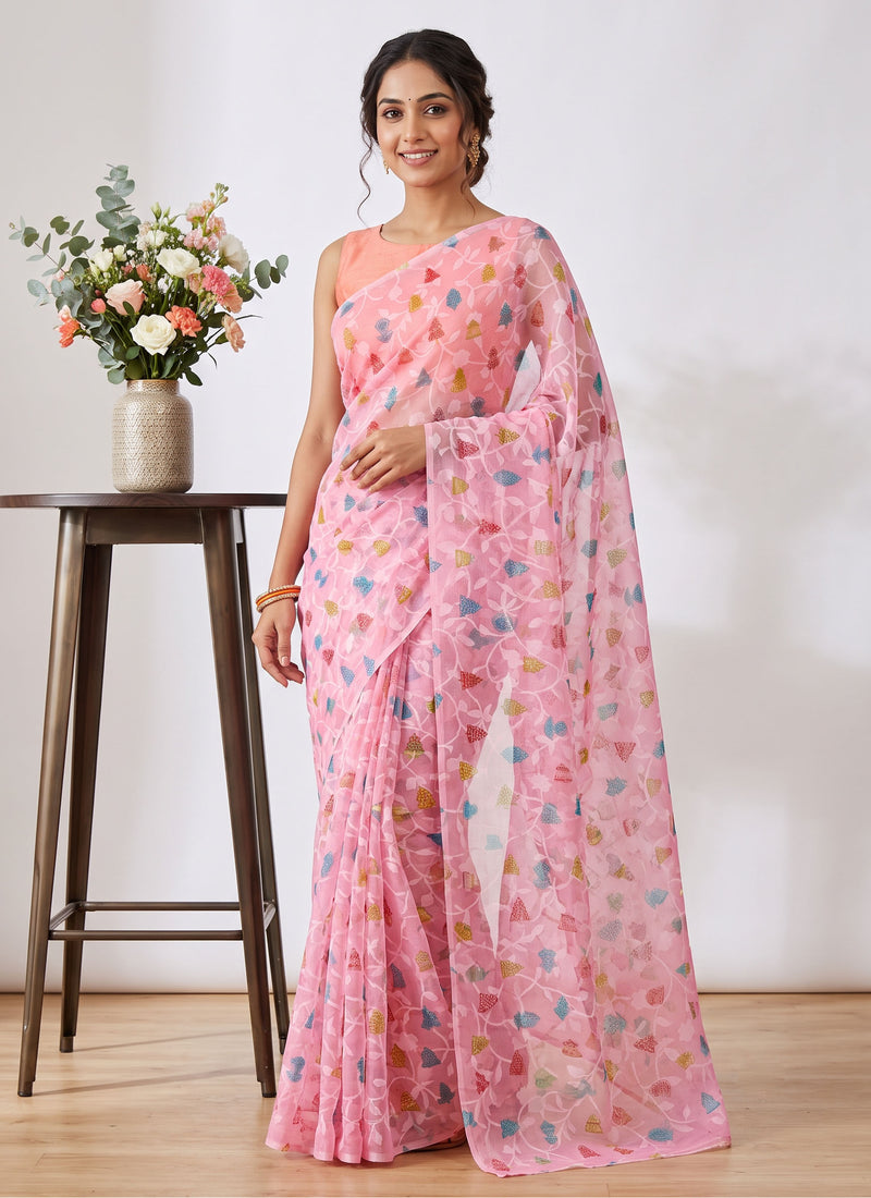 Beautiful Garden Vareli Printed Summer Roganza Saree with Blouse