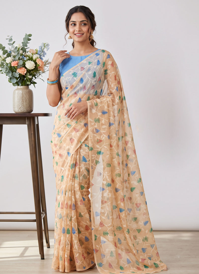 Beautiful Garden Vareli Printed Summer Roganza Saree with Blouse