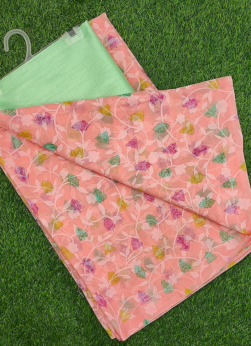 Beautiful Garden Vareli Printed Summer Roganza Saree with Blouse