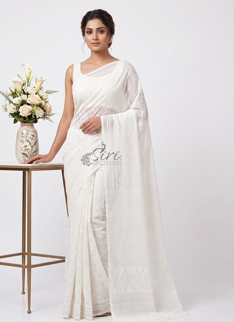 Beautiful Garden Vareli Printed White Summer Roganza Saree
