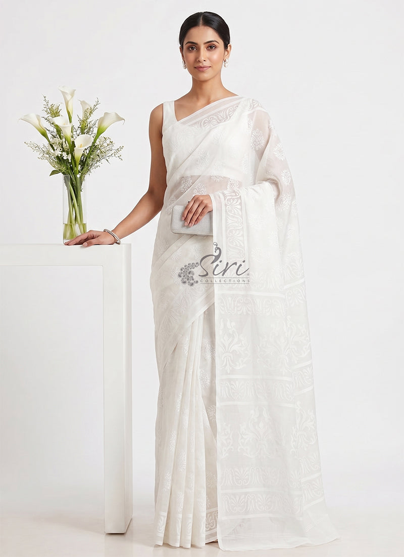Beautiful Garden Vareli Printed White Summer Roganza Saree