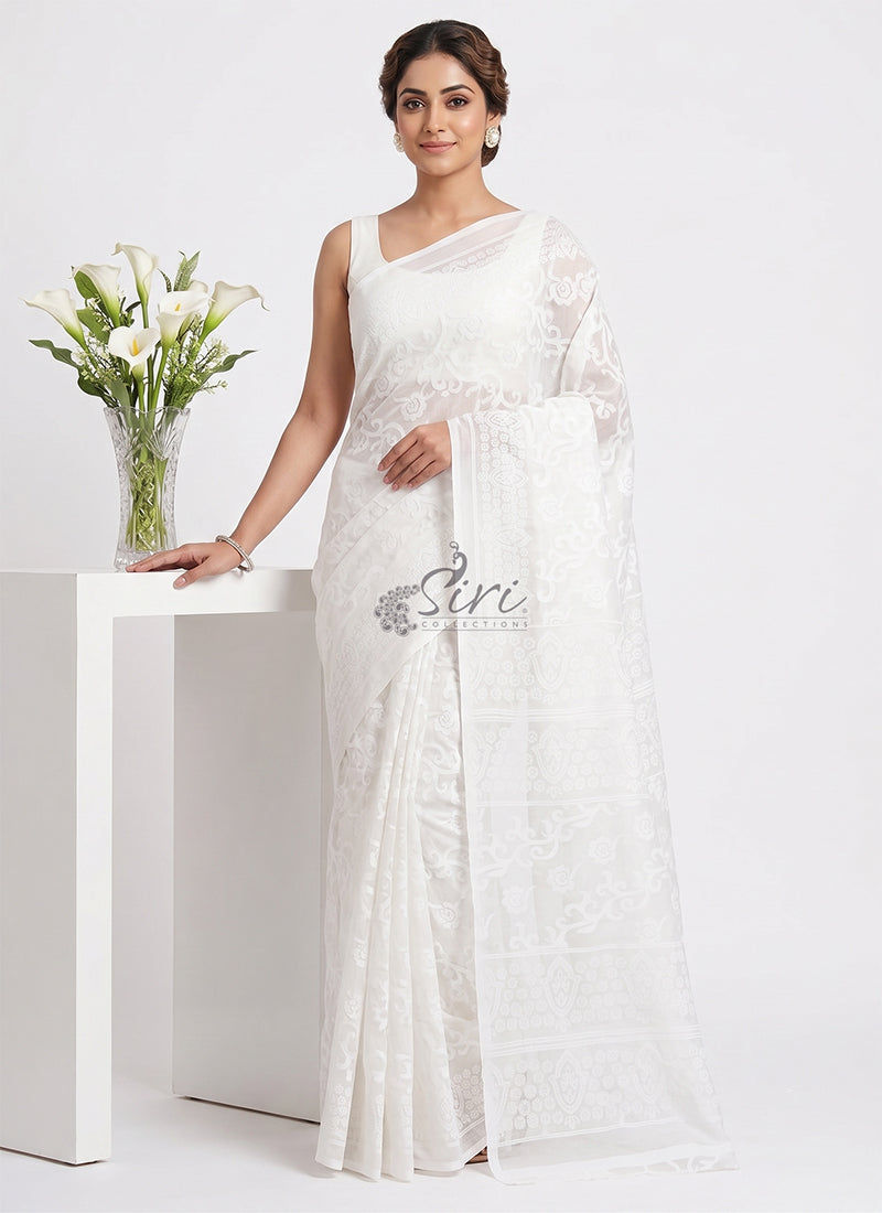 Beautiful Garden Vareli Printed White Summer Roganza Saree