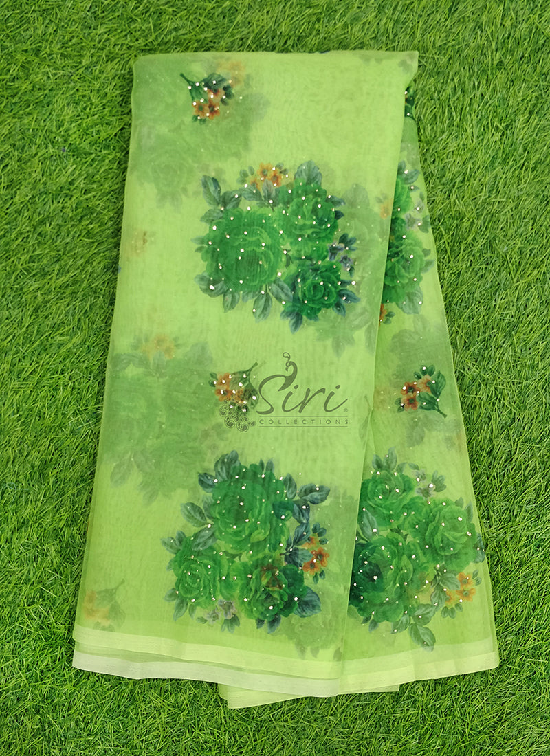 Beautiful Digital Print Organza Saree in Mukesh Work
