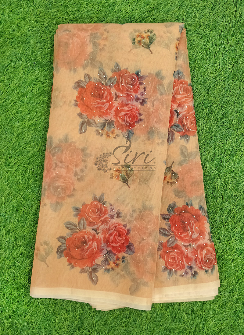 Beautiful Digital Print Organza Saree in Mukesh Work