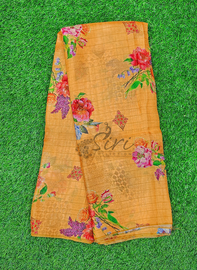 Beautiful Digital Floral Print Jute Silk Saree in Zari Checks