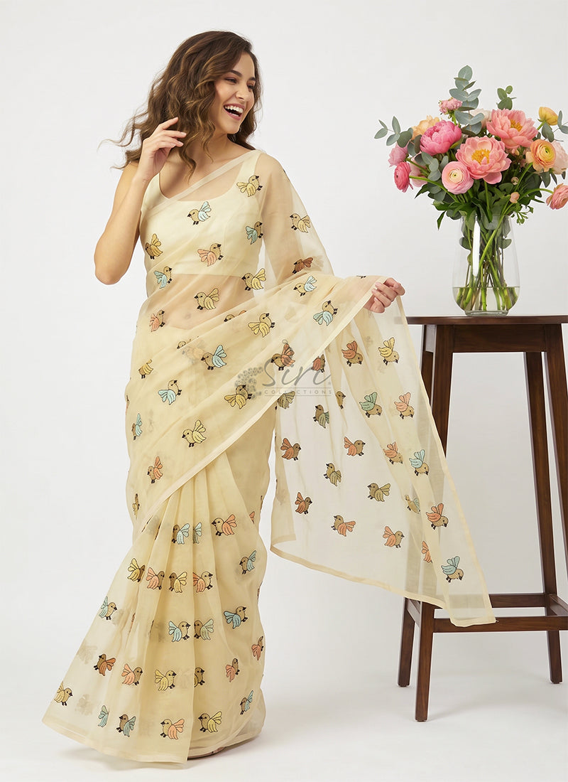 Designer Organza Saree in Cute Birds Design