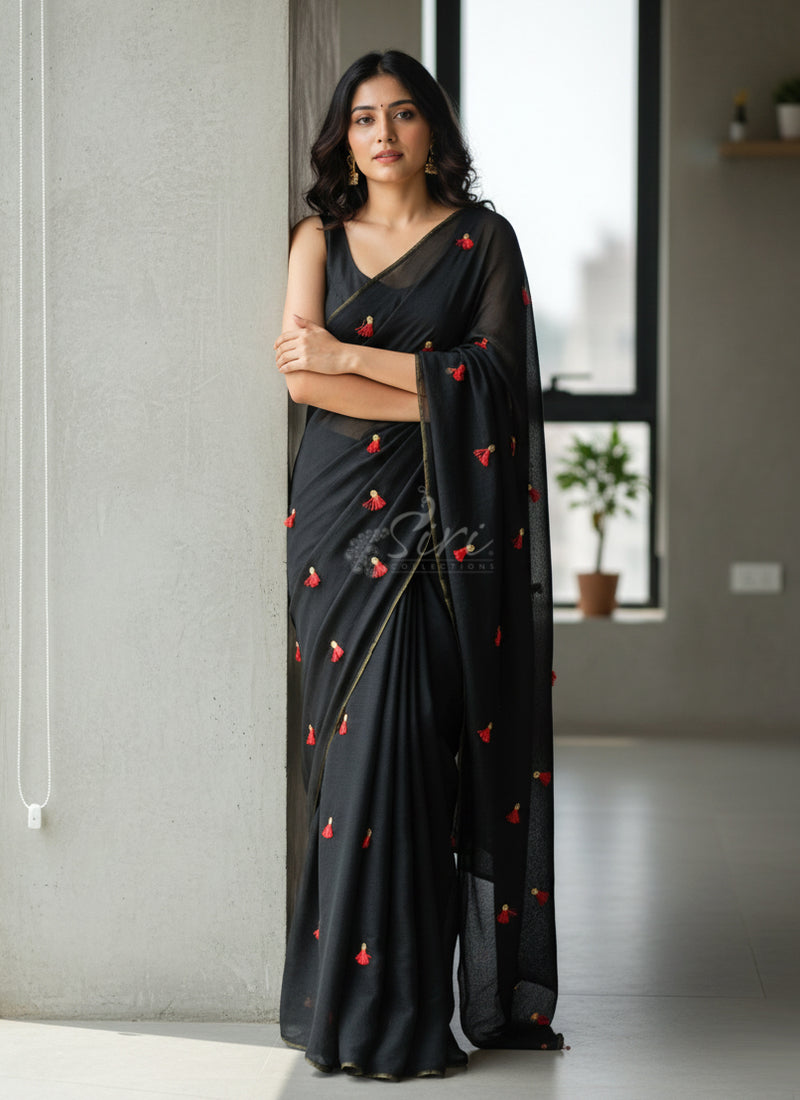 Lovely Jute Georgette Saree in Embroidery Tassel Butis