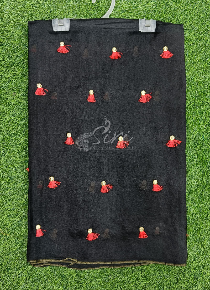 Lovely Jute Georgette Saree in Embroidery Tassel Butis