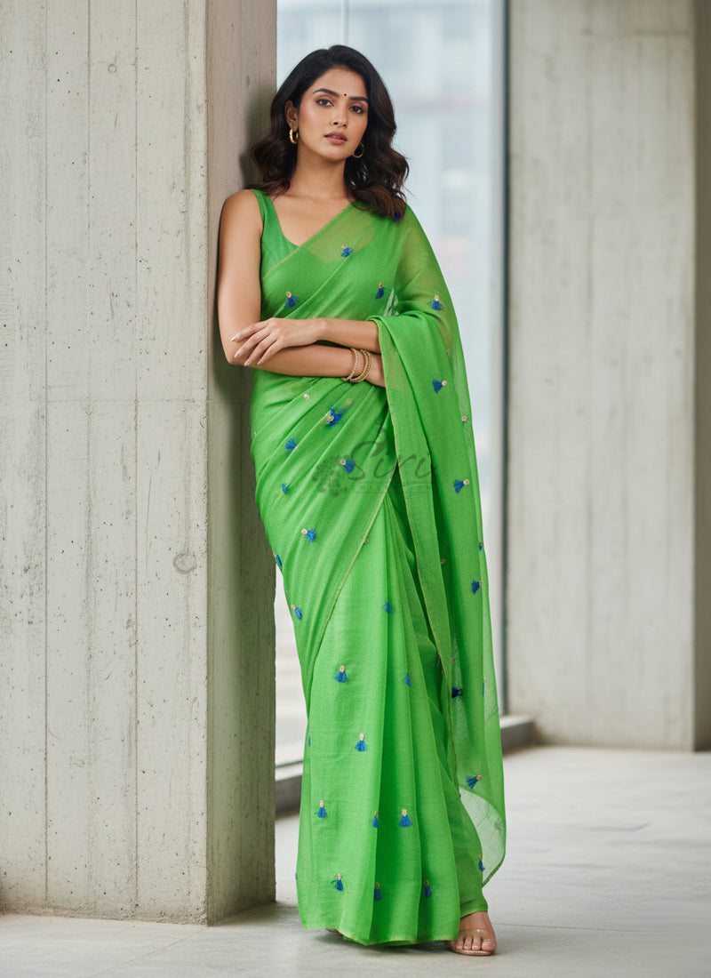 Lovely Jute Georgette Saree in Embroidery Tassel Butis