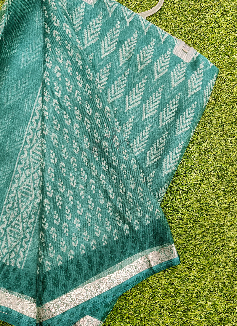 Beautiful Printed Chiffon Saree with Silver Border