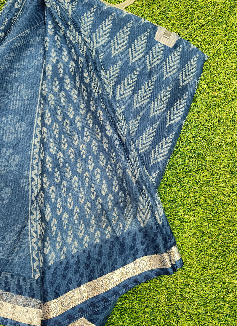 Beautiful Printed Chiffon Saree with Silver Border