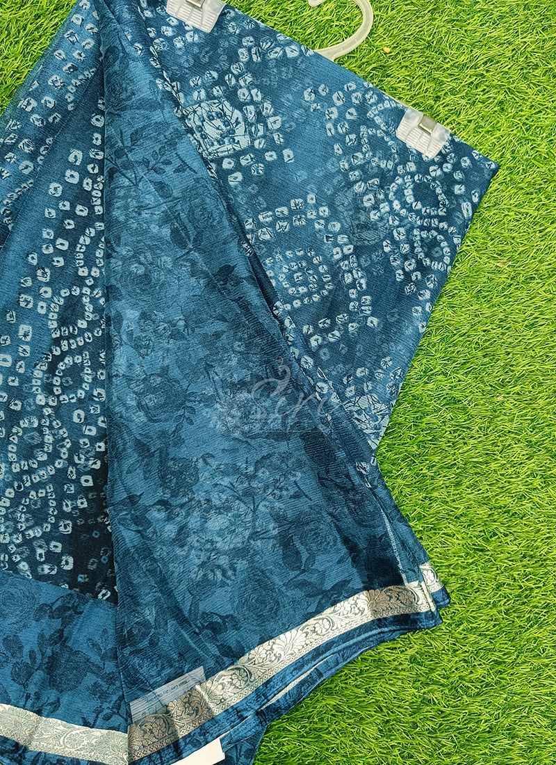 Beautiful Printed Chiffon Saree with Silver Border