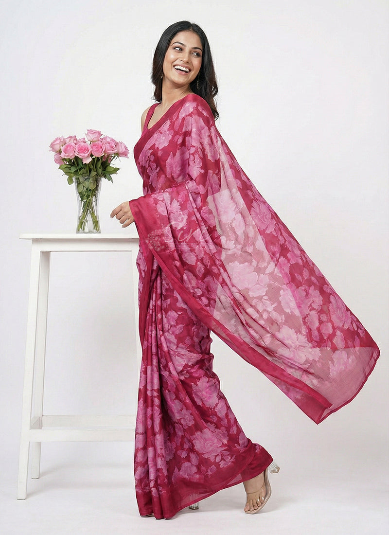 Beautiful Floral Printed Satin Chiffon Saree