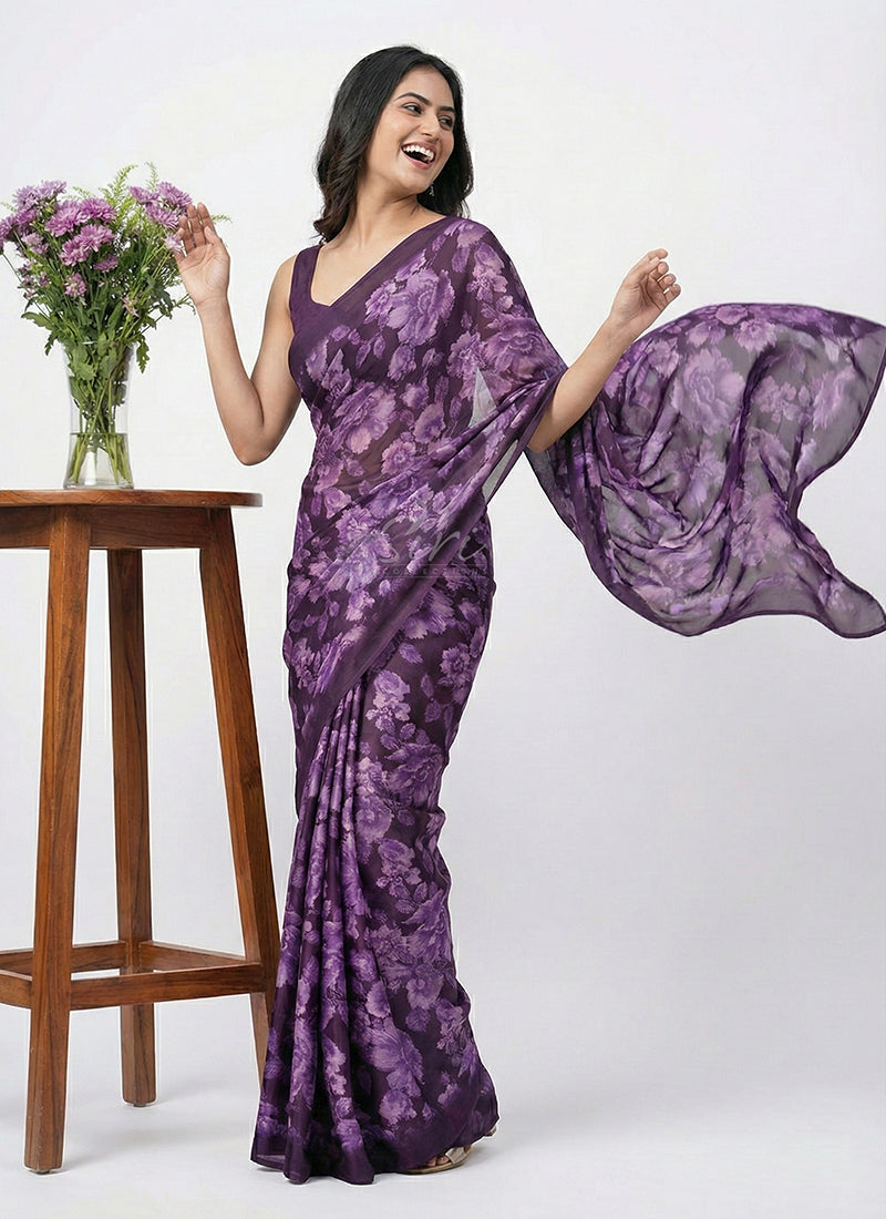 Beautiful Floral Printed Satin Chiffon Saree