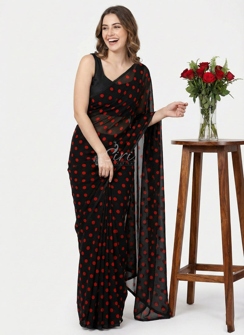 Beautiful Printed Polka Dots Georgette Saree without Blouse