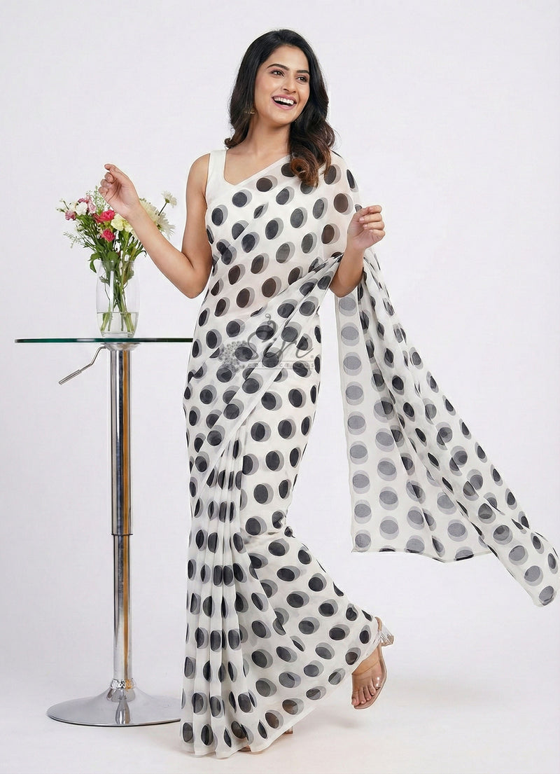 Lovely Printed Georgette Saree in Polka Dots Design