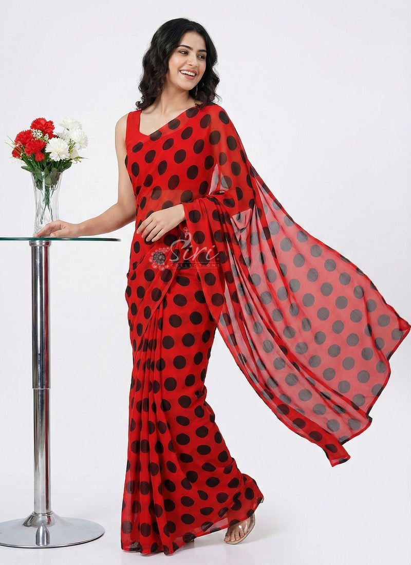 Lovely Printed Georgette Saree in Polka Dots Design