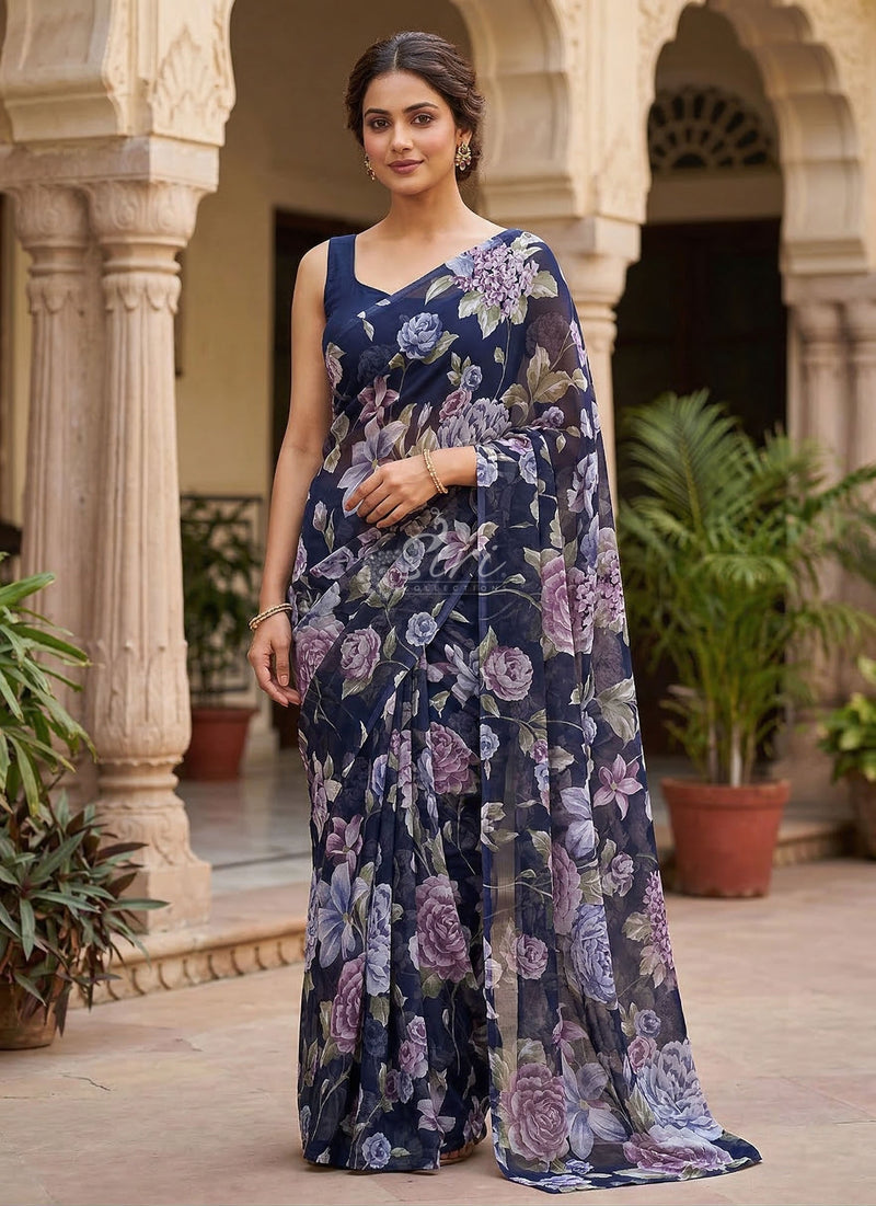 Lovely Printed Floral Georgette Saree