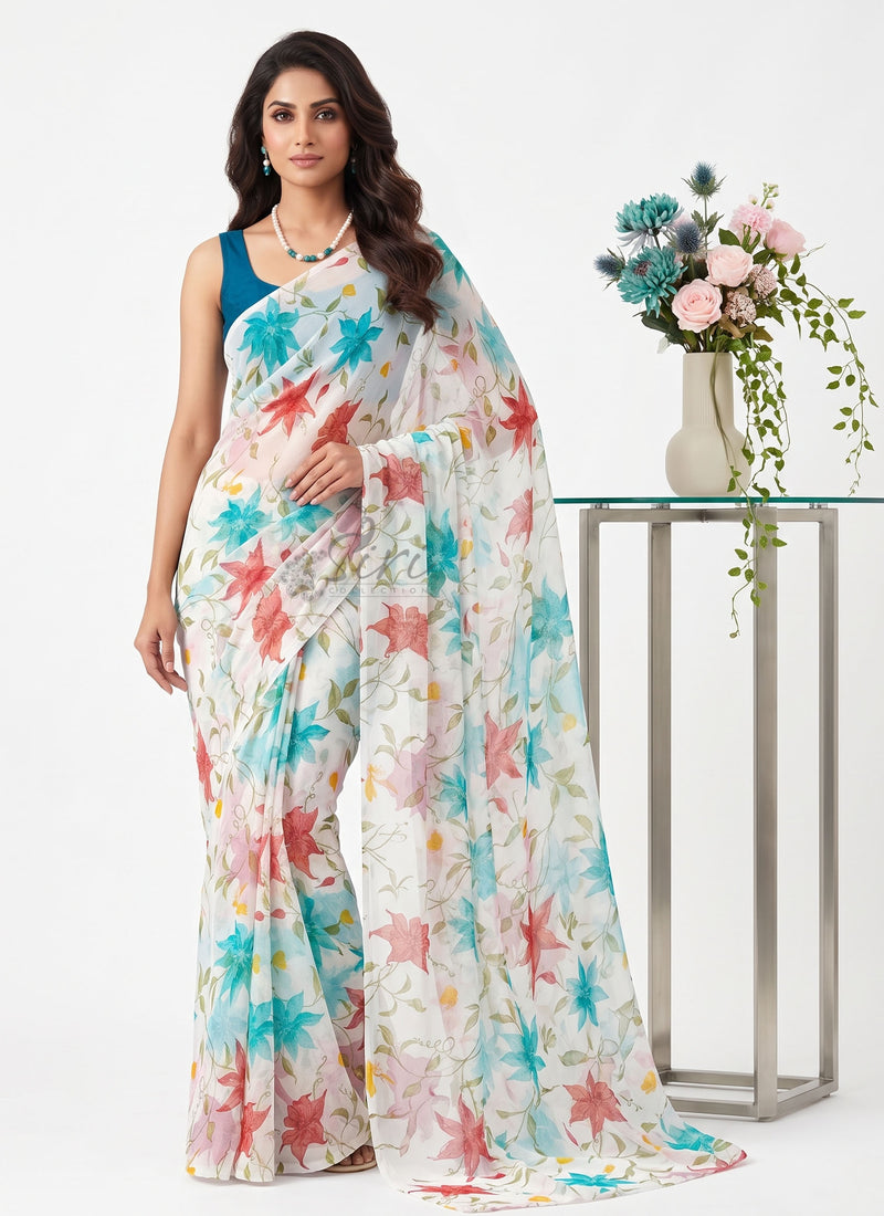 Floral Print Georgette Saree Without Blouse