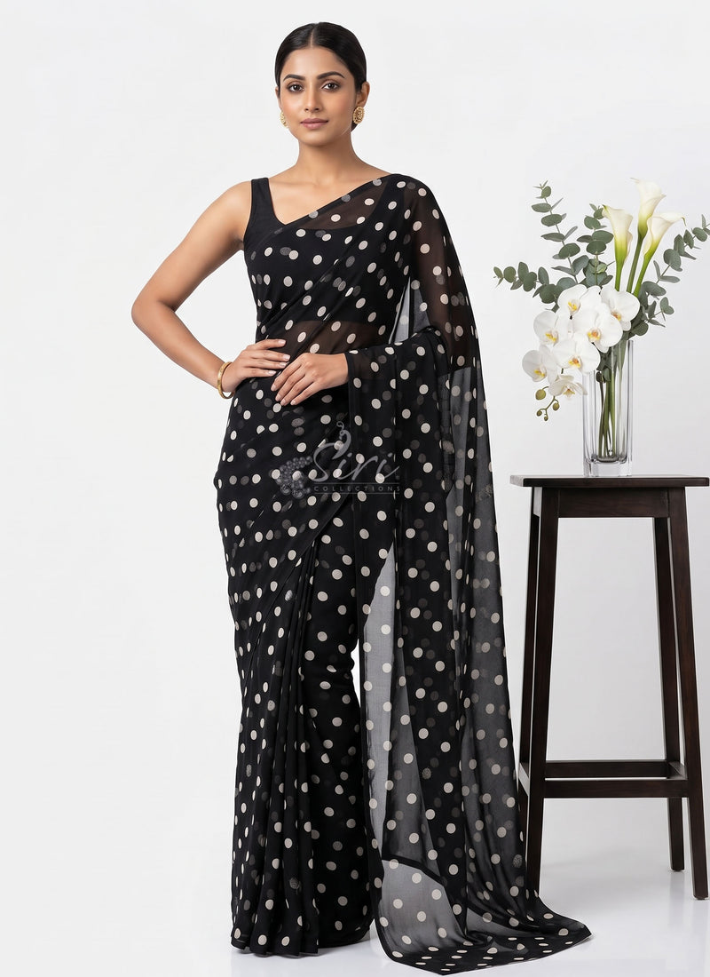 Lovely Printed Georgette Saree in Polka Dots Design