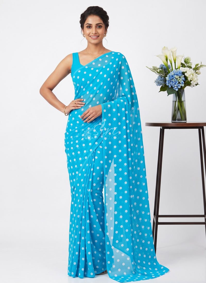 Lovely Printed Georgette Saree in Polka Dots Design