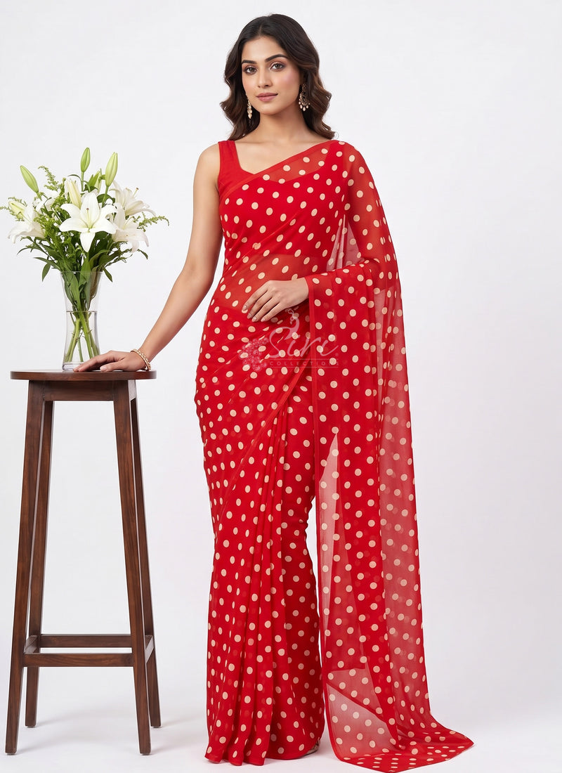 Lovely Printed Georgette Saree in Polka Dots Design