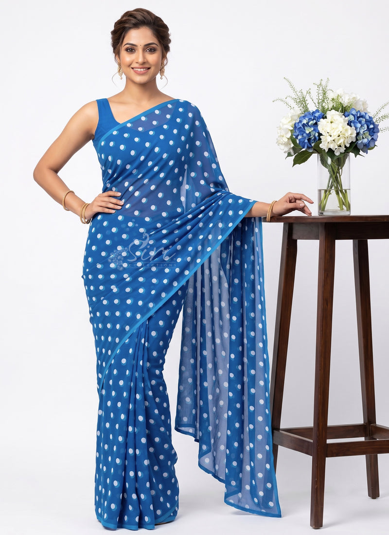 Lovely Printed Georgette Saree in Polka Dots Design