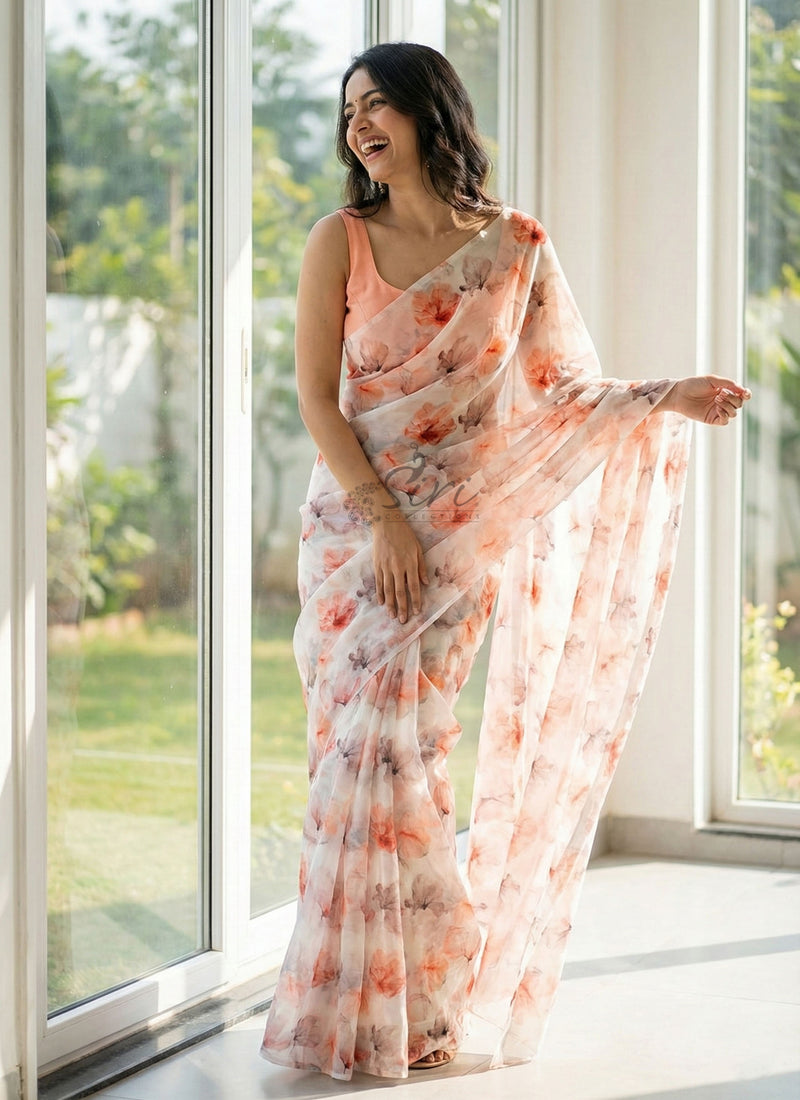 Lovely Digital Print Soft Off White Siri Chiffon Saree