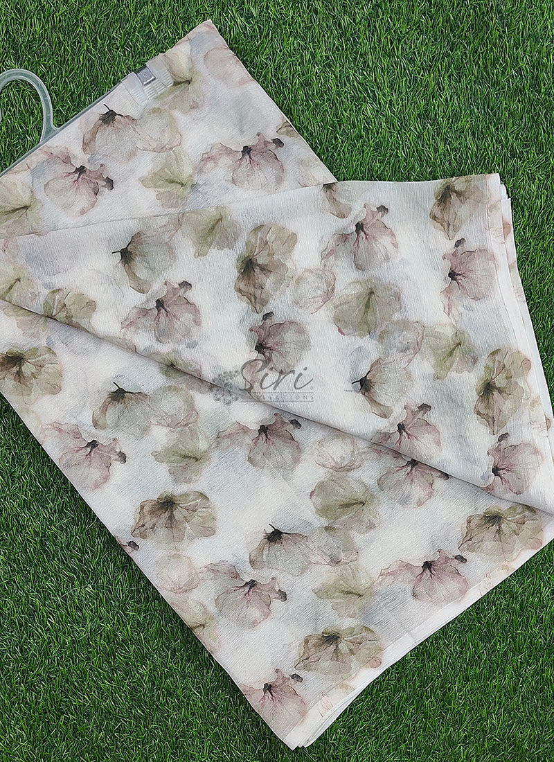 Lovely Digital Print Soft Off White Siri Chiffon Saree