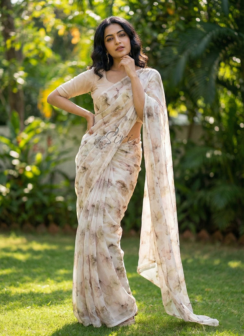Lovely Digital Print Soft Off White Siri Chiffon Saree