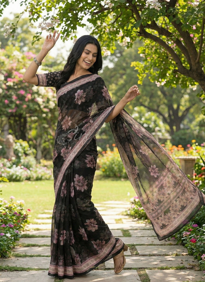 Siri Sarees Digital Print Soft Siri Chiffon Saree with Blouse