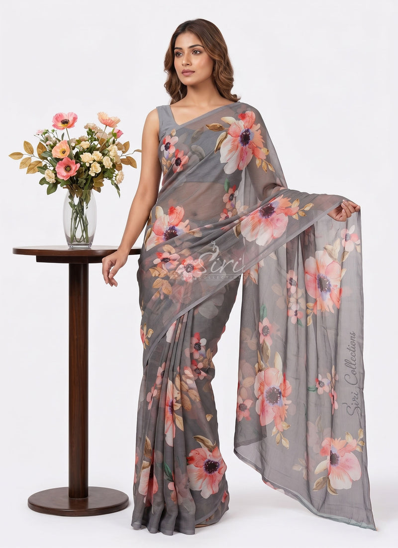Siri Sarees Digital Print Soft Siri Chiffon Saree