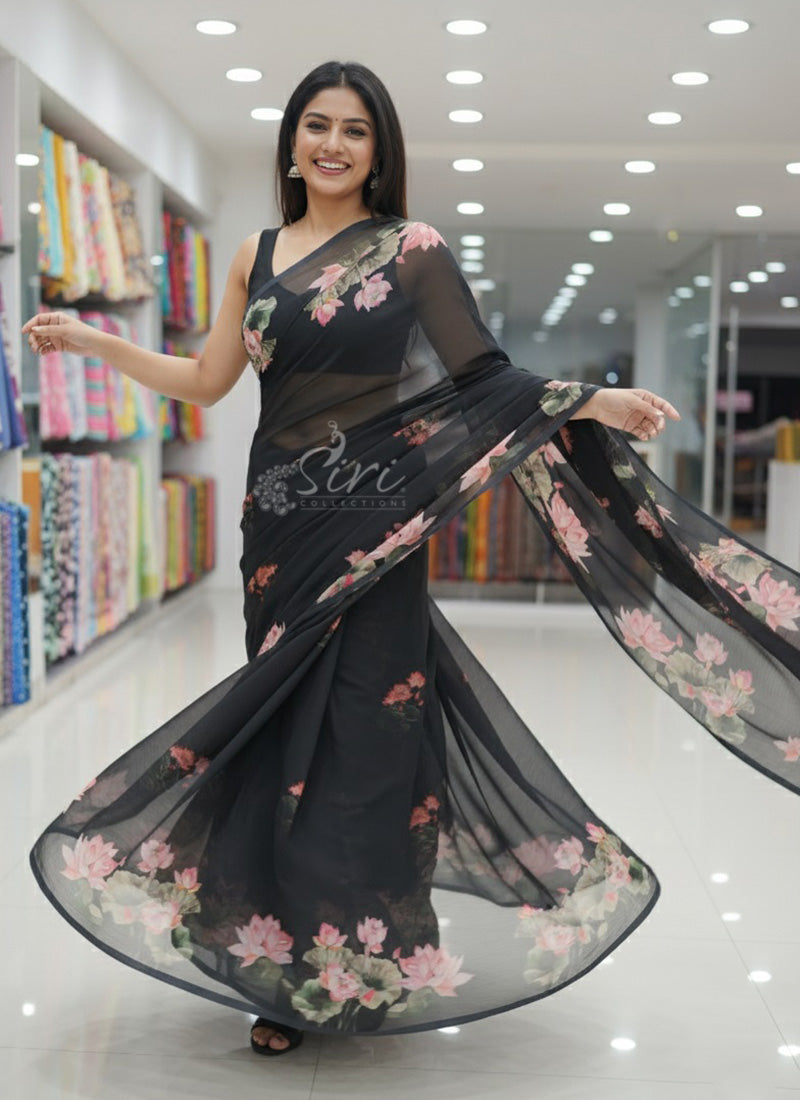 Siri Sarees Digital Print Soft Siri Chiffon Saree