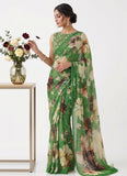 Latest Digital Print Soft Siri Chiffon Green Colour Saree with Blouse