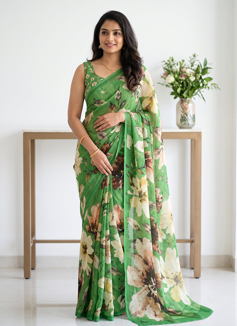 Latest Digital Print Soft Siri Chiffon Shaded Saree with Blouse