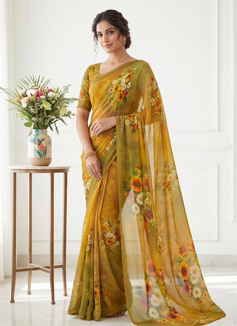 Latest Digital Print Soft Siri Chiffon Shaded Saree with Blouse