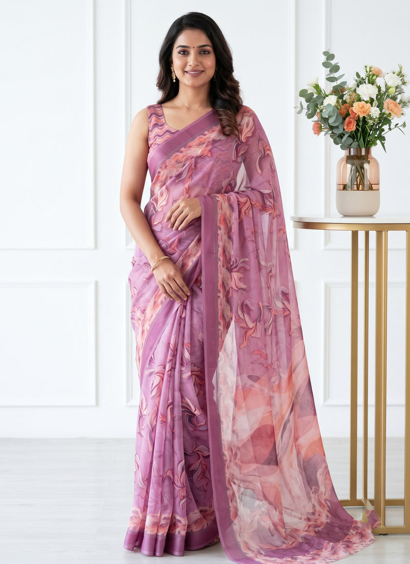 Latest Digital Print Soft Siri Chiffon Shaded Saree with Blouse