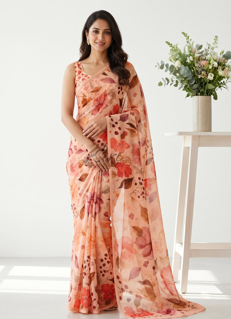 Latest Digital Print Soft Siri Chiffon Shaded Saree with Blouse
