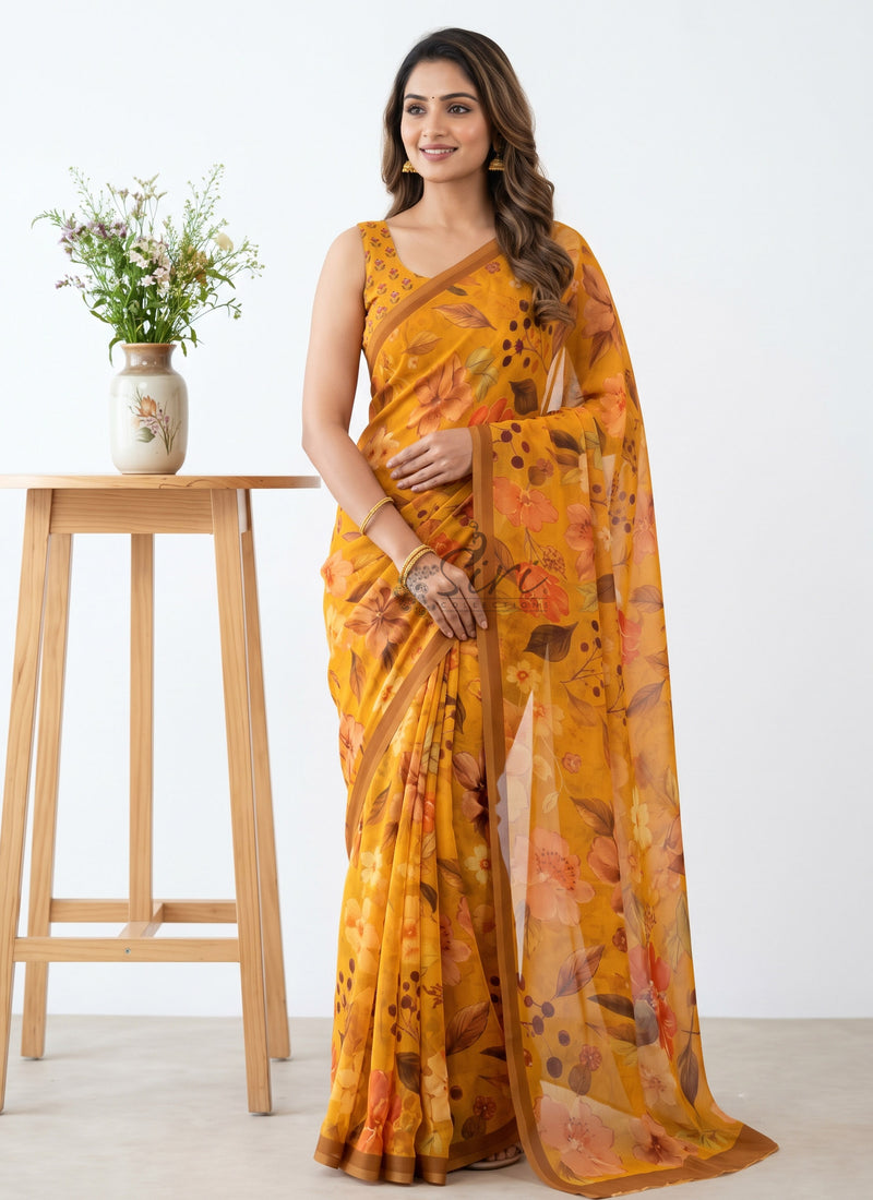 Latest Digital Print Soft Siri Chiffon Shaded Saree with Blouse