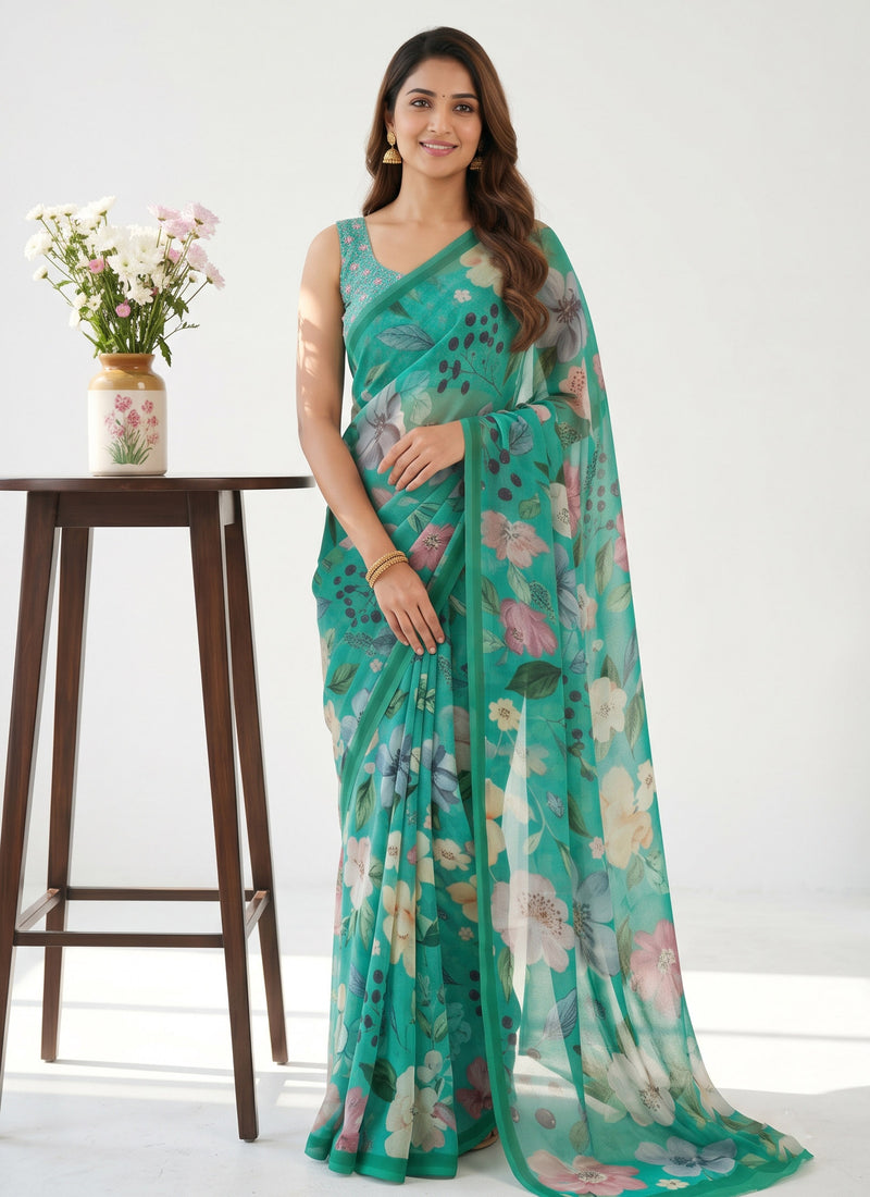 Latest Digital Print Soft Siri Chiffon Shaded Saree with Blouse