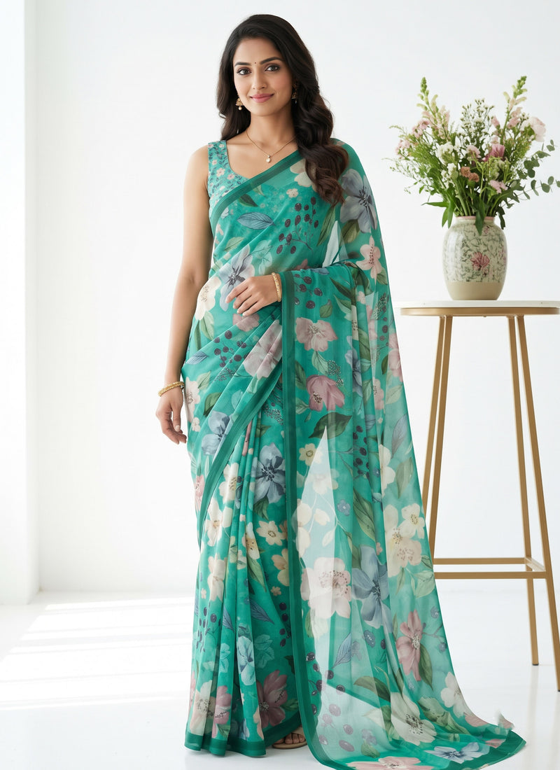 Latest Digital Print Soft Siri Chiffon Shaded Saree with Blouse