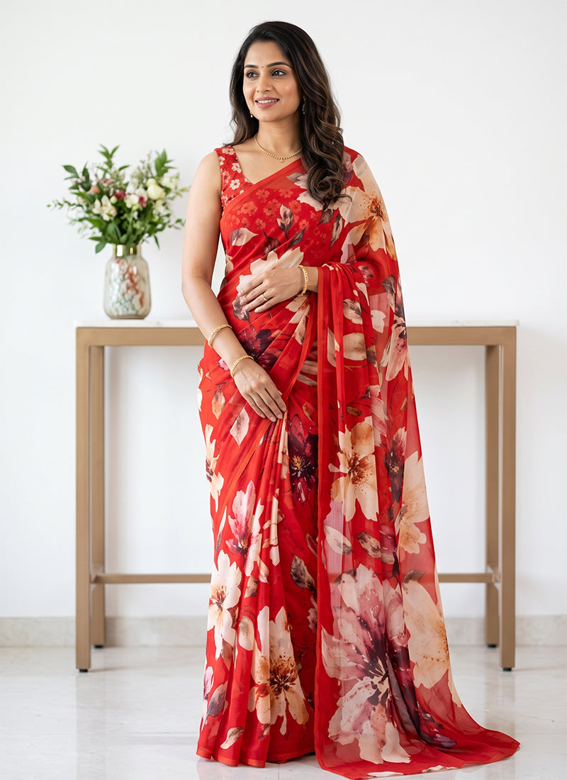 Latest Digital Print Soft Siri Chiffon Shaded Saree with Blouse
